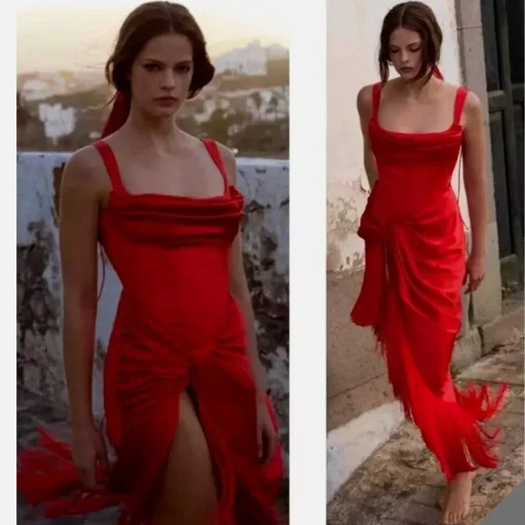 knee length dresses for ladies For Love & Lemons Anisa Asymmetrical Fringe Silk Midi Dress – Luxy Thrift